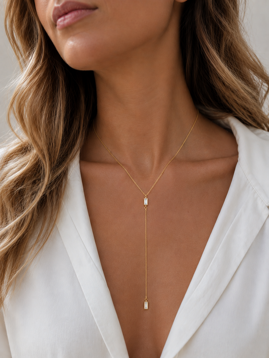 Lariat Cubic Zirconia Thin Cuban Chain Necklace