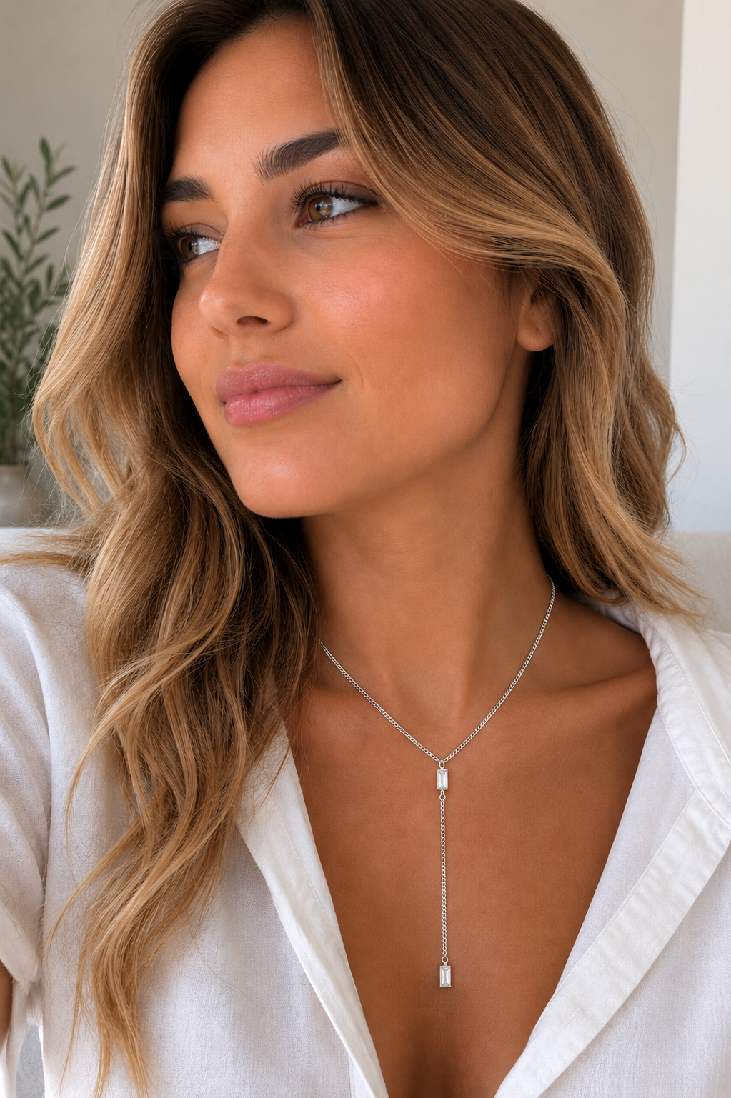 Lariat Cubic Zirconia Thin Cuban Chain Necklace