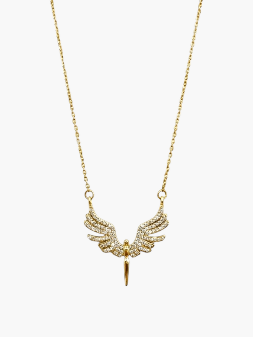 Gold necklace with winged pendant on a white background