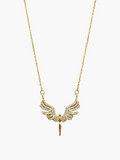 Gold necklace with winged pendant on a white background