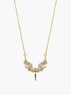 Gold necklace with winged pendant on a white background
