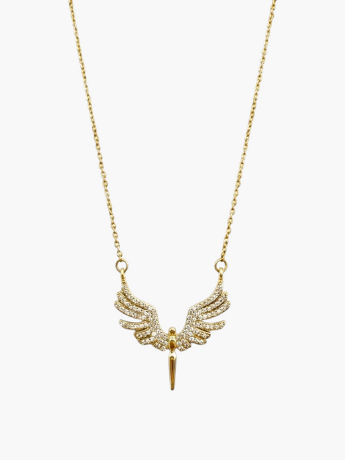 Gold necklace with winged pendant on a white background