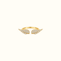 DUGO adjustable gold angel wing ring featuring sparkling CZ stones in a delicate open band design.