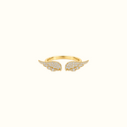 DUGO adjustable gold angel wing ring featuring sparkling CZ stones in a delicate open band design.