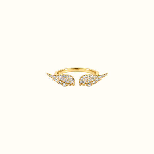 DUGO adjustable gold angel wing ring featuring sparkling CZ stones in a delicate open band design.