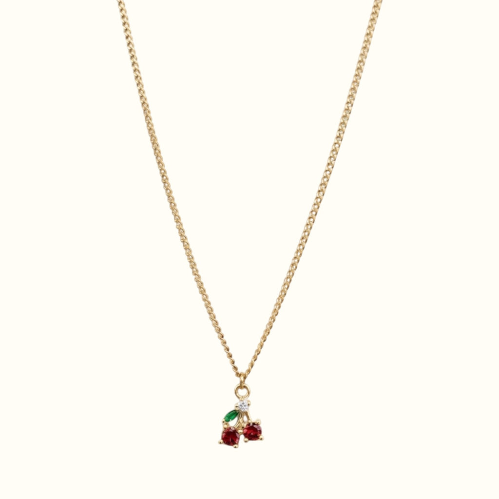 DUGO gold chain necklace featuring a delicate cherry pendant with red and green zirconia stones