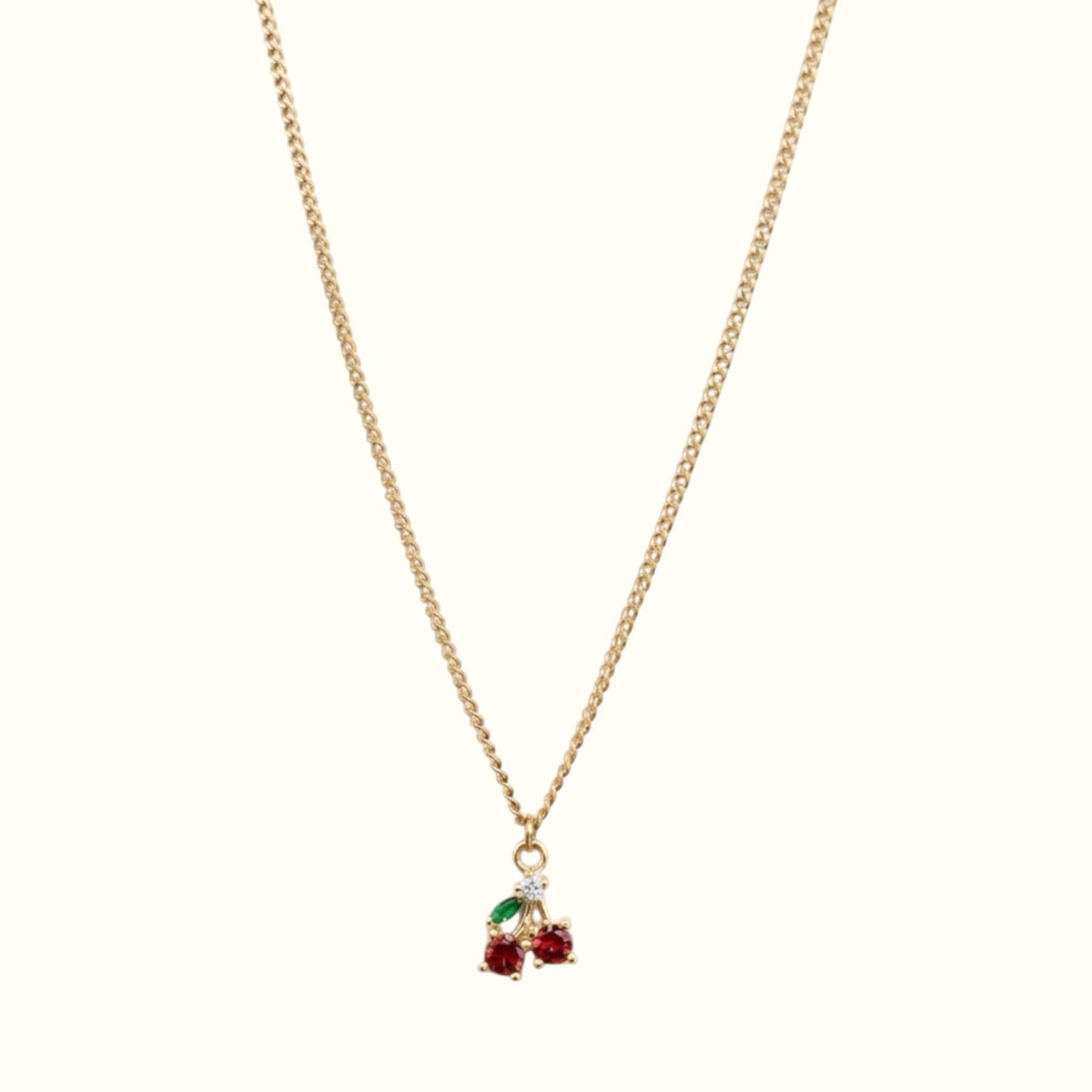DUGO gold chain necklace featuring a delicate cherry pendant with red and green zirconia stones