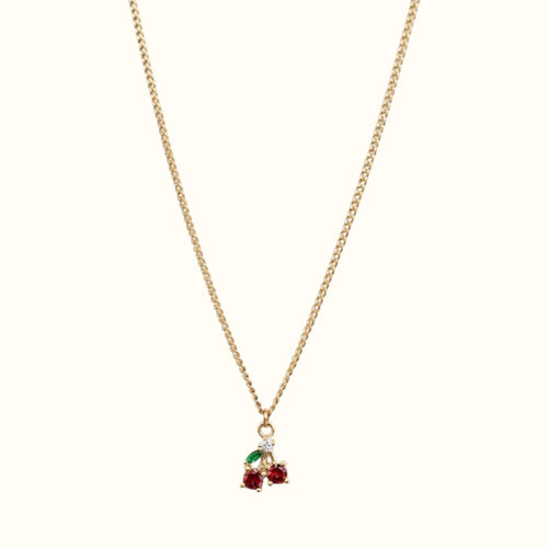 DUGO gold chain necklace featuring a delicate cherry pendant with red and green zirconia stones