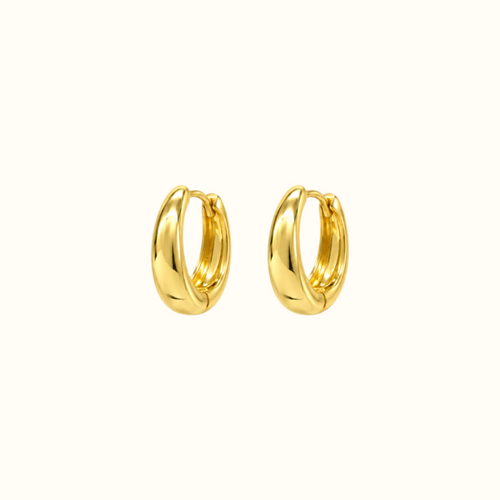 DUGO chunky gold huggie hoop earrings with a smooth, polished minimalist design on a white background.