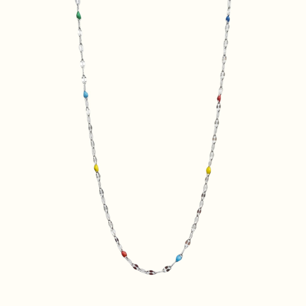 DUGO thin silver-tone chain necklace with colorful enamel bead accents, waterproof and non-tarnish stainless steel.