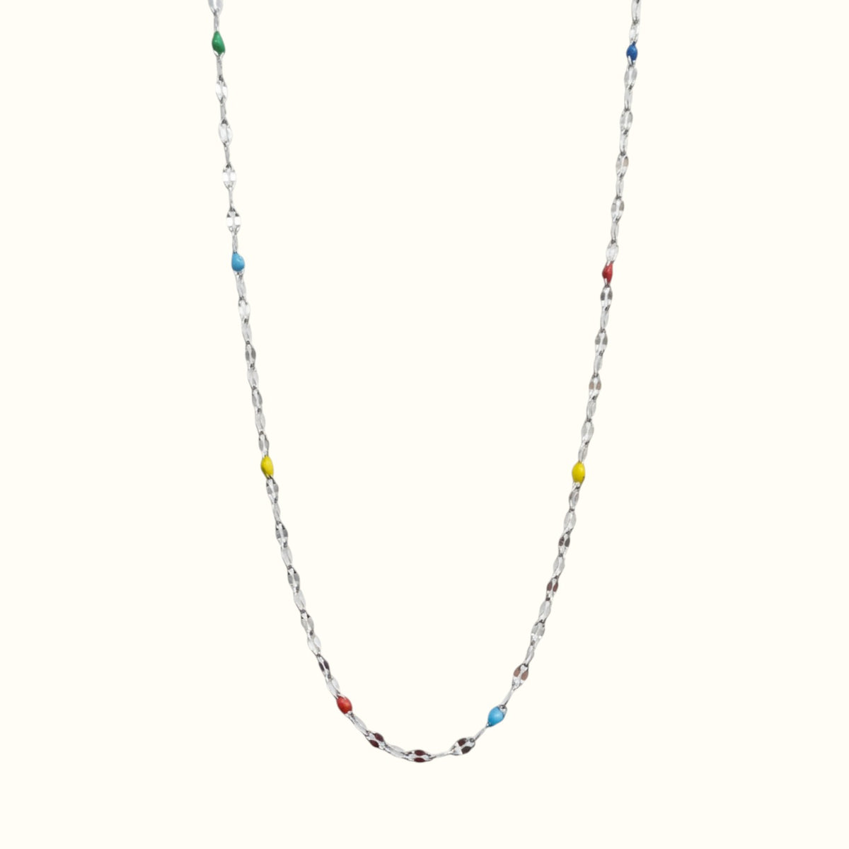 DUGO thin silver-tone chain necklace with colorful enamel bead accents, waterproof and non-tarnish stainless steel.