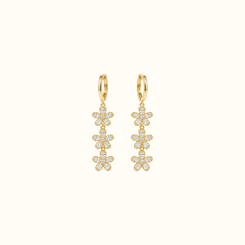 DUGO gold triple crystal flower drop earrings featuring cascading floral charms on sleek hoops for elegant style.