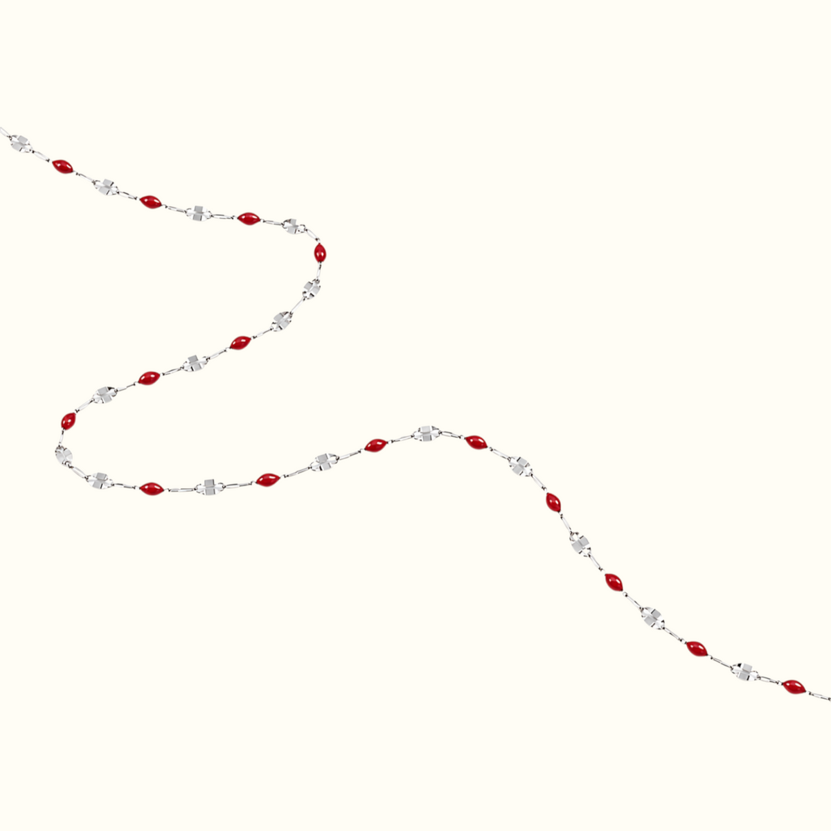 DUGO dainty enamel beaded bracelet featuring glossy red oval beads and a delicate silver chain in a minimalist style.