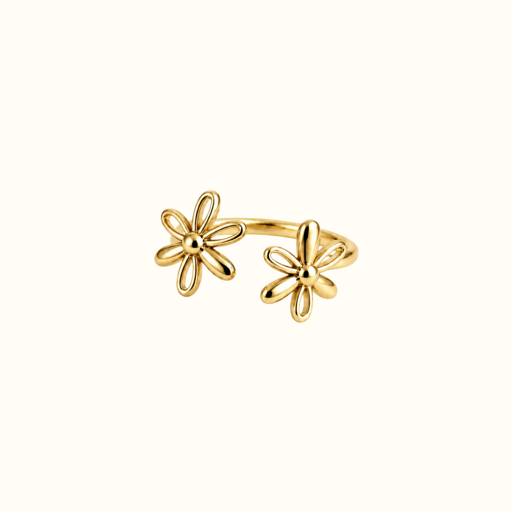 DUGO gold adjustable ring featuring two delicate daisy-inspired flowers on an open band for a feminine minimal look.