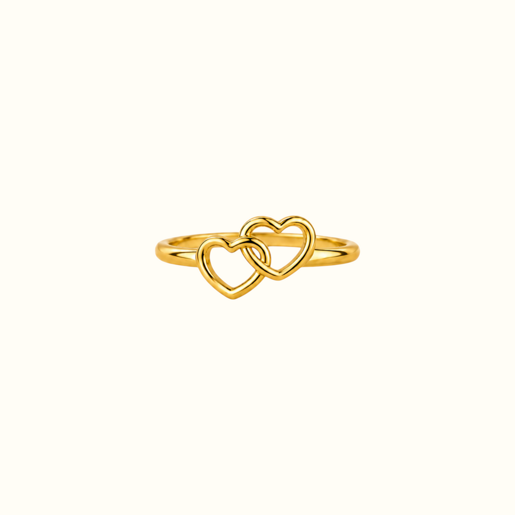 DUGO gold-tone adjustable ring featuring two delicate interlocking open hearts for a romantic everyday look.