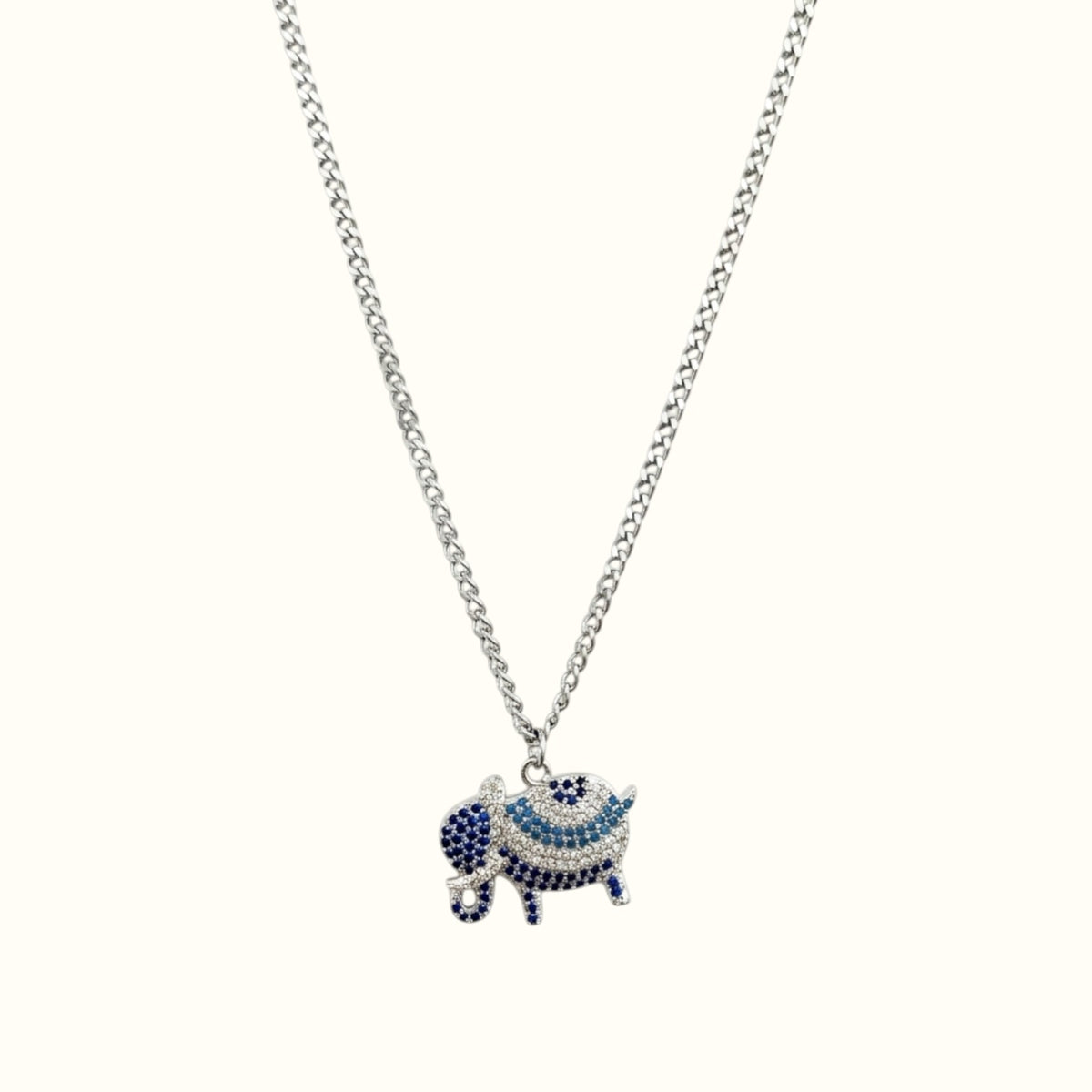 DUGO elephant pendant necklace featuring blue and white cubic zirconia stones on a silver-tone chain
