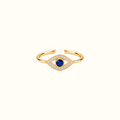 DUGO adjustable evil eye ring in 14K gold plated brass with a deep blue center stone and sparkling clear accents.