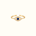 DUGO adjustable evil eye ring in 14K gold plated brass with a deep blue center stone and sparkling clear accents.