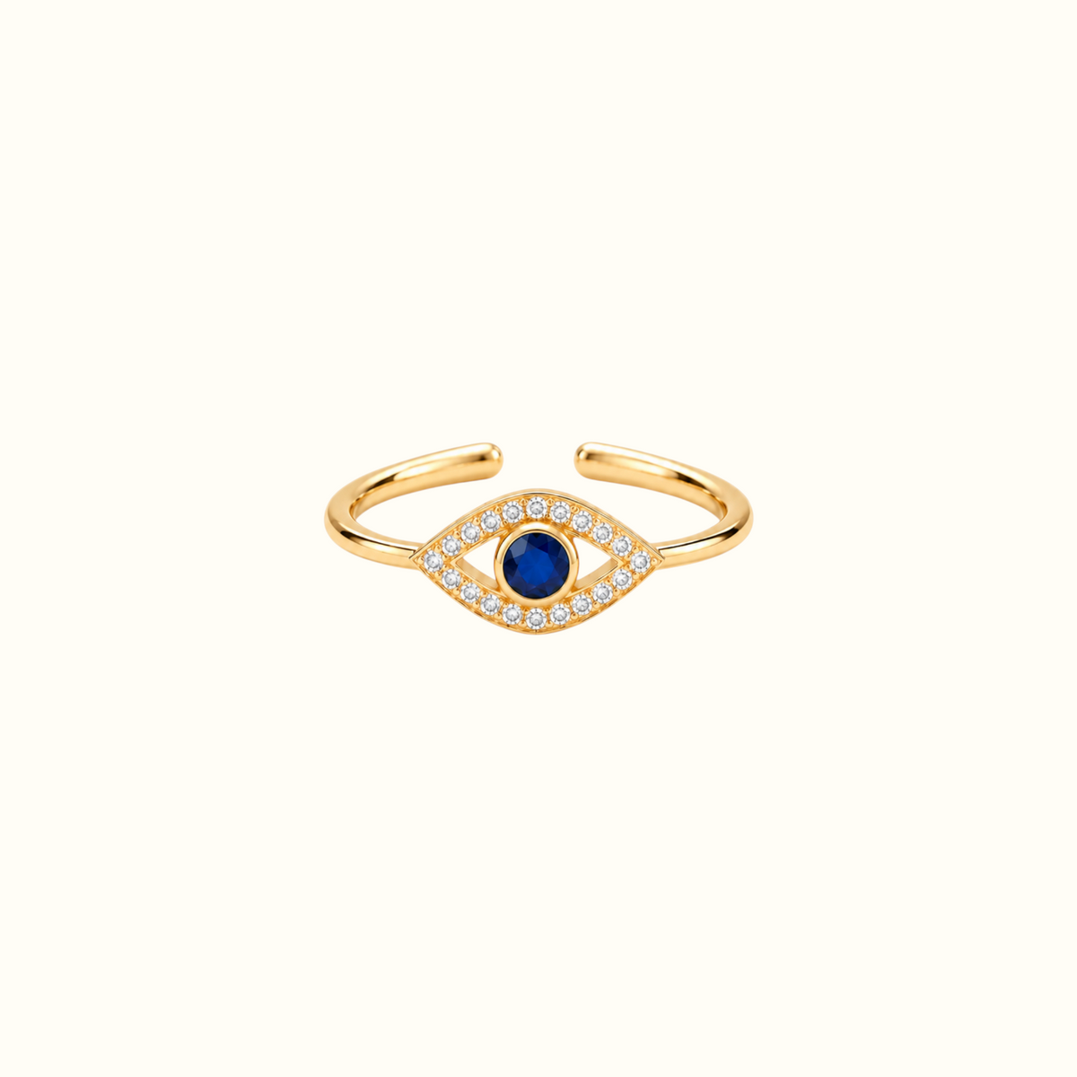 DUGO adjustable evil eye ring in 14K gold plated brass with a deep blue center stone and sparkling clear accents.