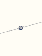 DUGO Evil Eye bracelet in silver-tone stainless steel with a blue and white crystal evil eye charm detail.