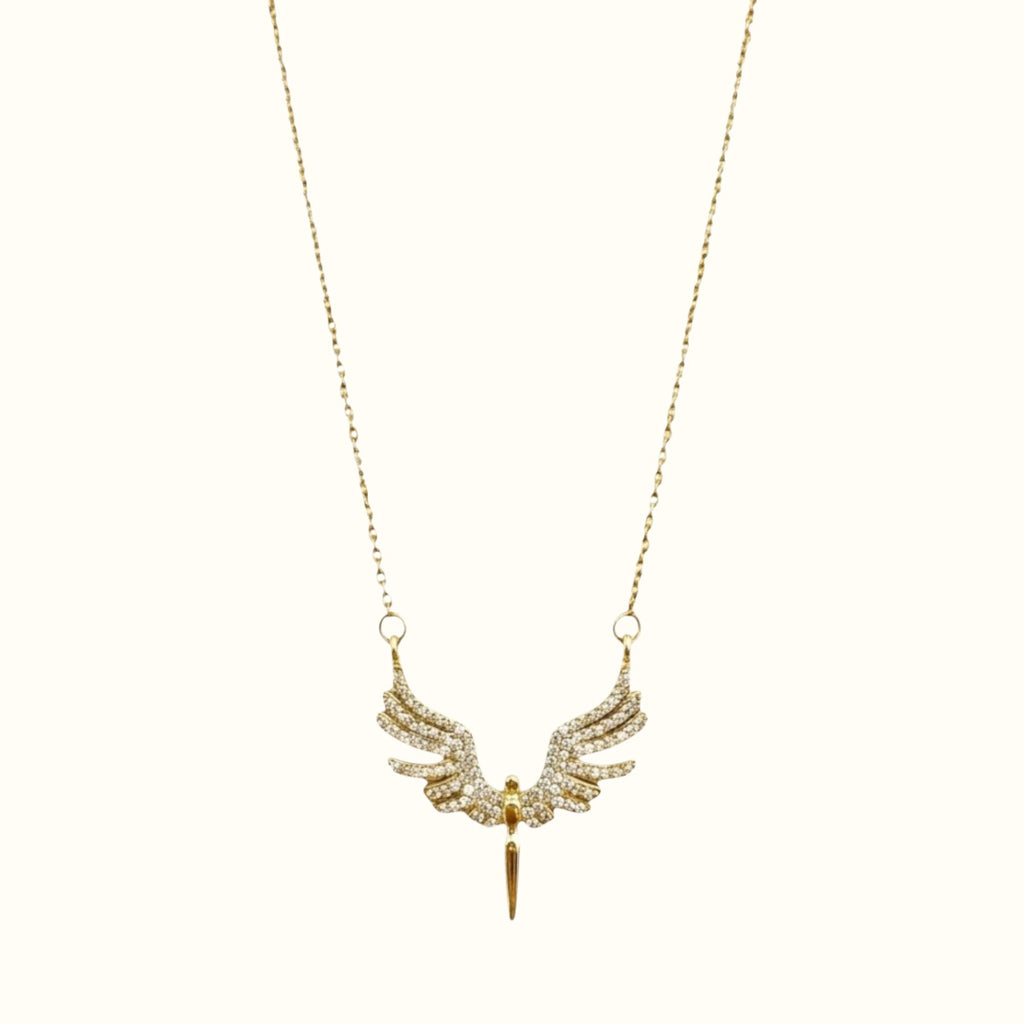 DUGO gold angel wings necklace featuring delicate crystal embellishments on a fine chain