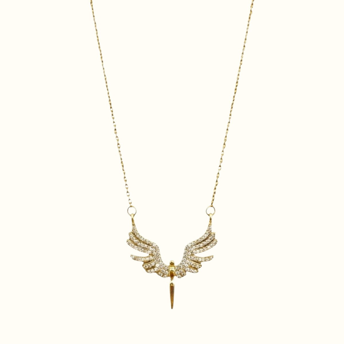 DUGO gold angel wings necklace featuring delicate crystal embellishments on a fine chain
