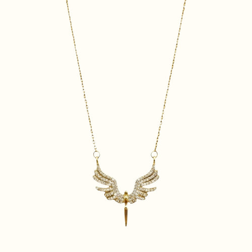 DUGO gold angel wings necklace featuring delicate crystal embellishments on a fine chain