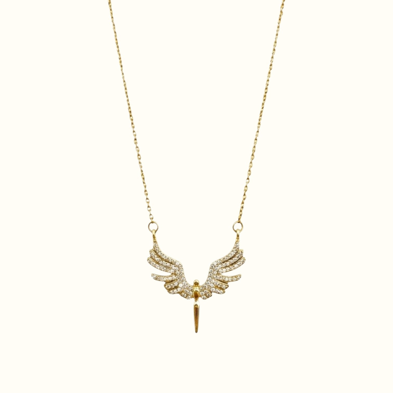 DUGO gold angel wings necklace featuring delicate crystal embellishments on a fine chain