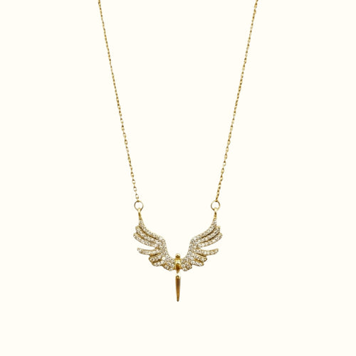 DUGO gold angel wings necklace featuring delicate crystal embellishments on a fine chain