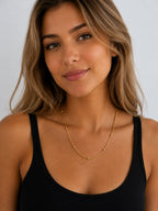 Woman wearing the DUGO gold Ball Chain Satellite Bead Necklace