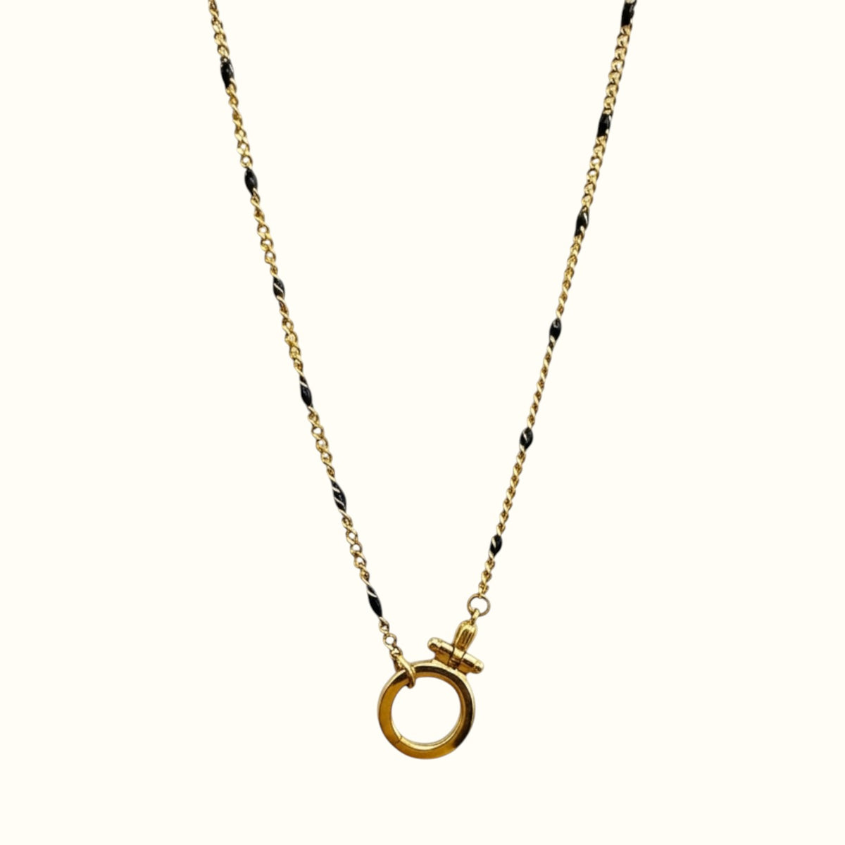 DUGO gold and black chain necklace featuring a minimalist circular spring gate clasp for customizable charm styling.