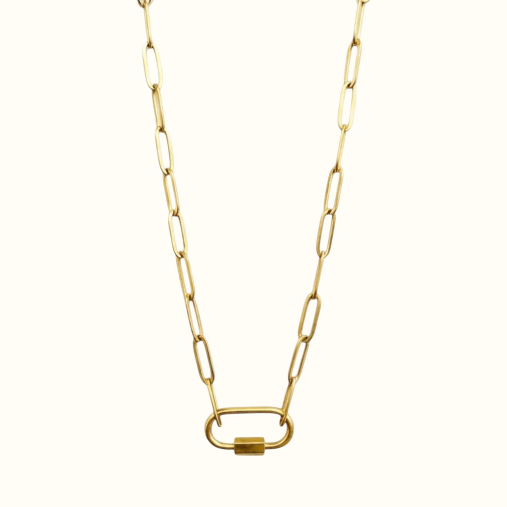 DUGO gold-tone stainless steel oval paperclip chain necklace with a functional carabiner pendant