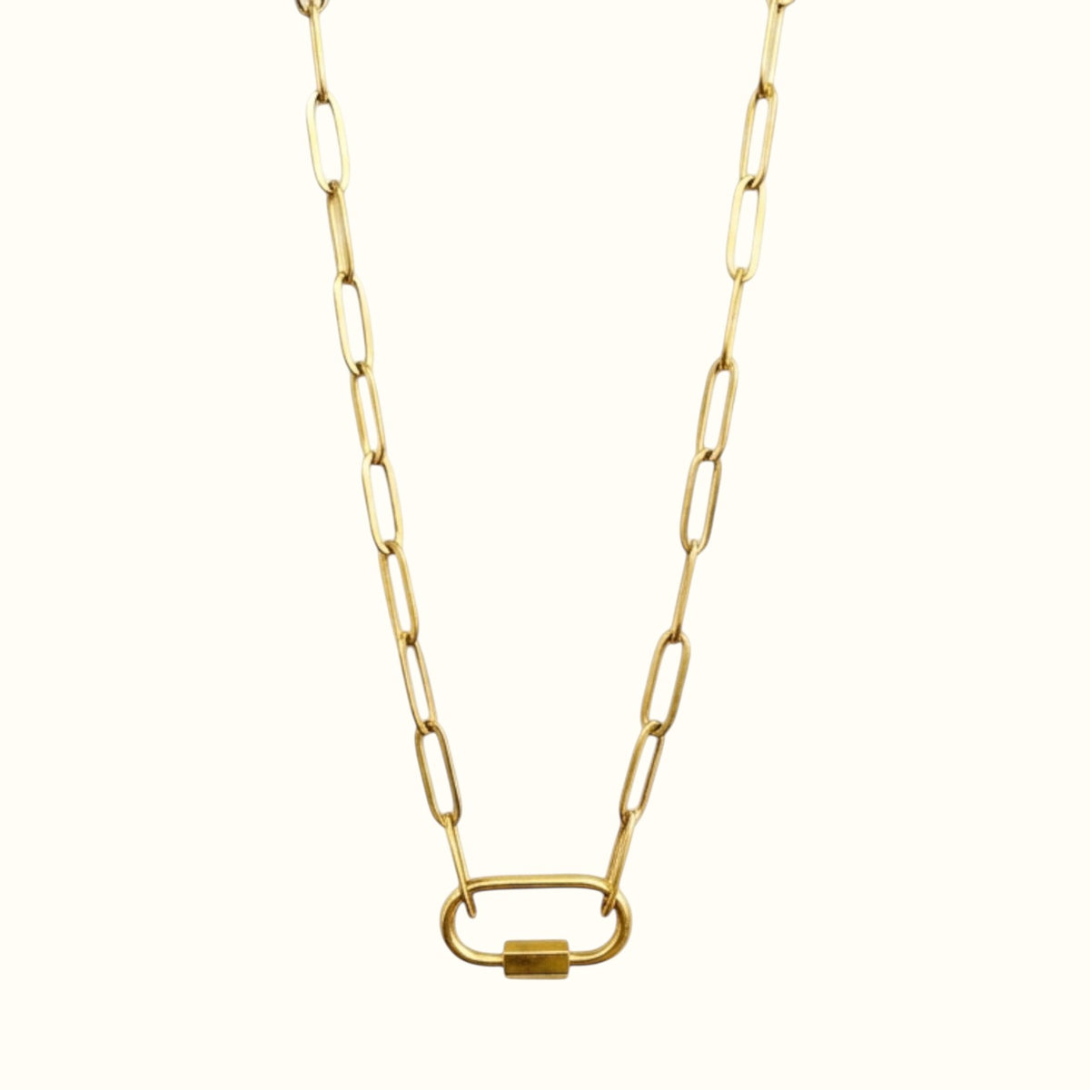 DUGO gold-tone stainless steel oval paperclip chain necklace with a functional carabiner pendant