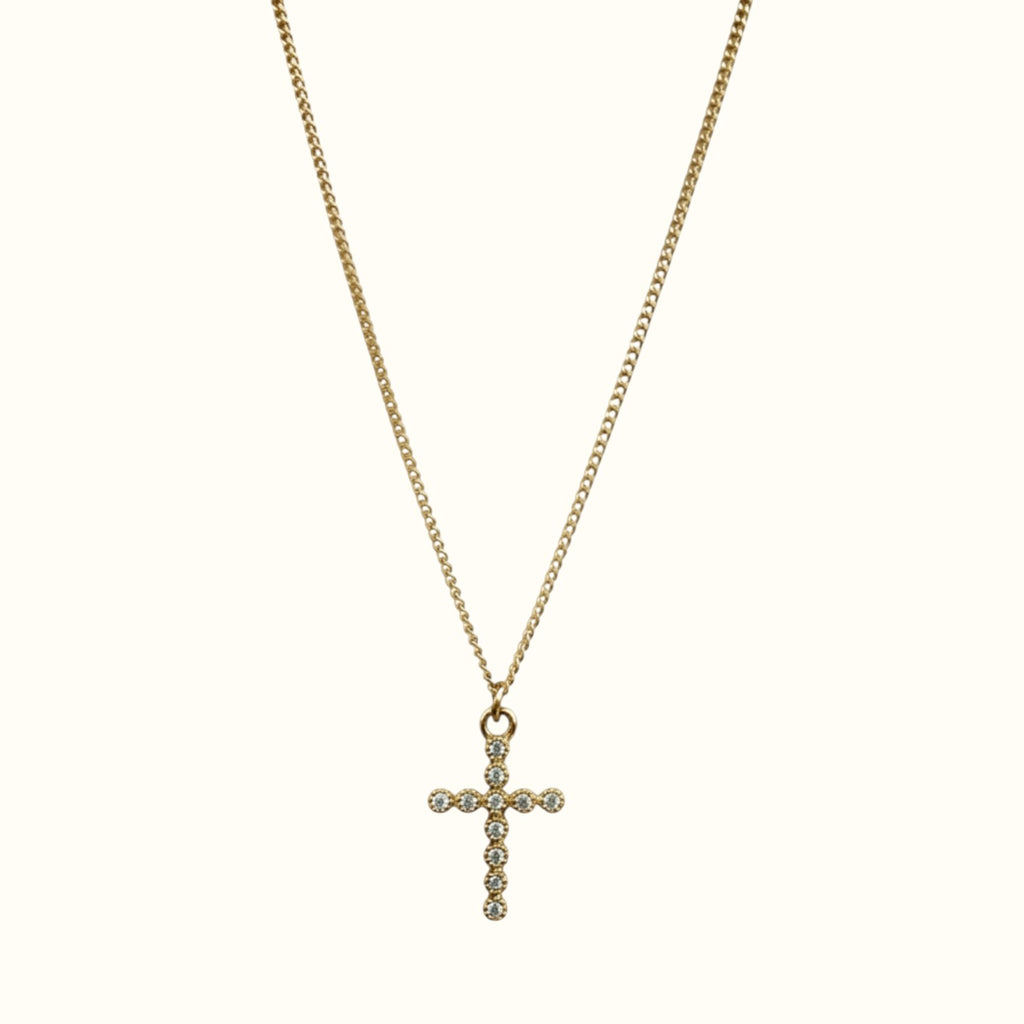 DUGO 18K gold filled dainty cross necklace with sparkling cubic zirconia stones on a delicate chain