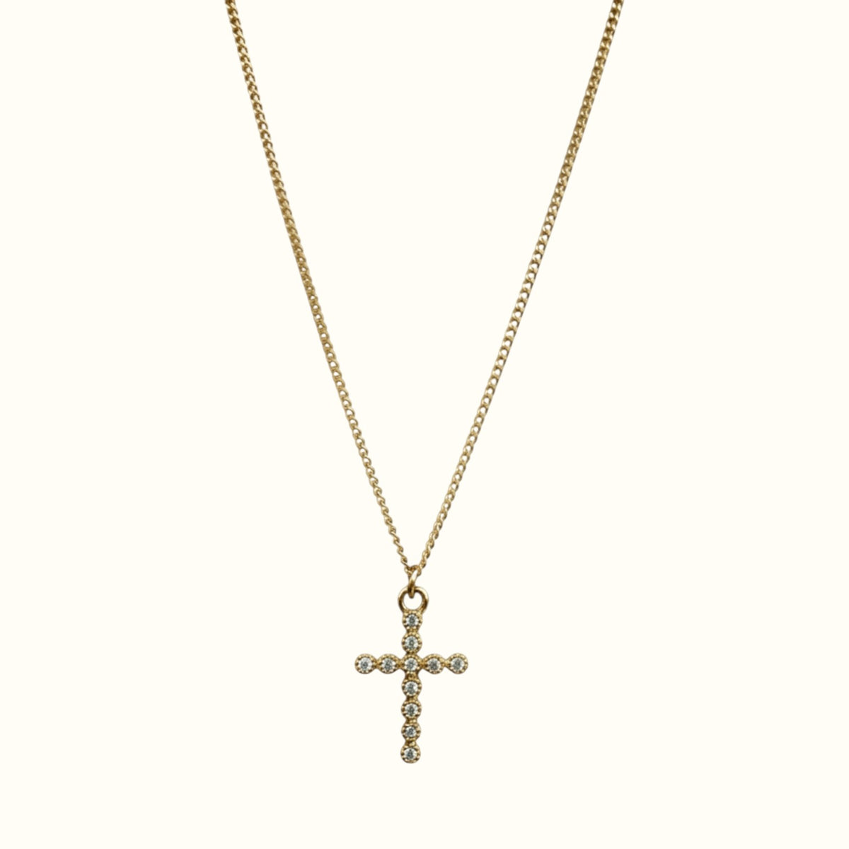 DUGO 18K gold filled dainty cross necklace with sparkling cubic zirconia stones on a delicate chain