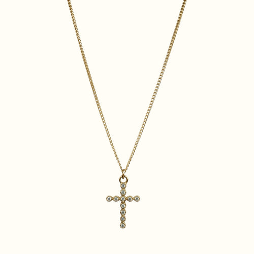 DUGO 18K gold filled dainty cross necklace with sparkling cubic zirconia stones on a delicate chain