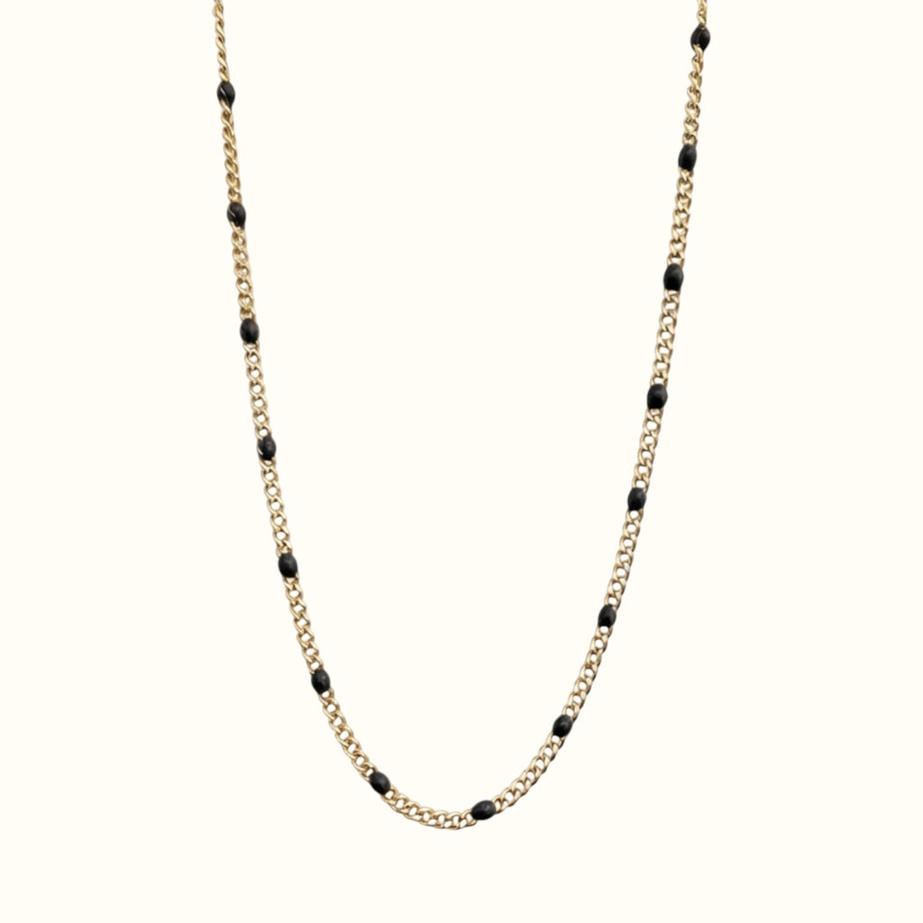 DUGO gold curb chain necklace featuring black enamel beads, crafted from 18K gold filled stainless steel.