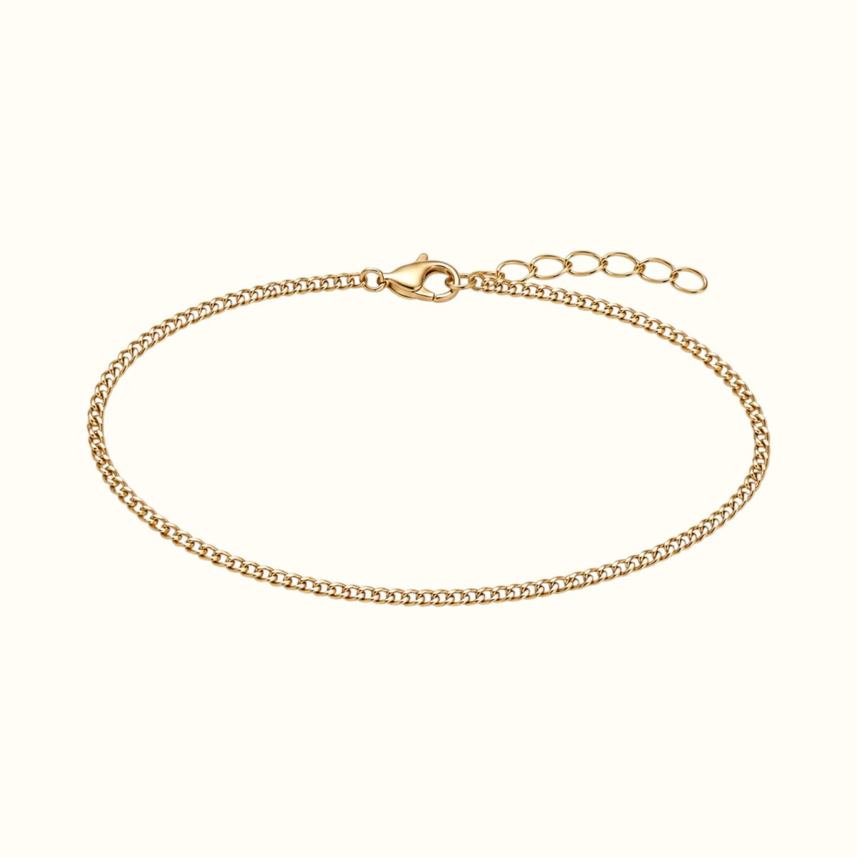 DUGO dainty gold curb chain bracelet made of waterproof stainless steel with a lobster clasp and extender chain.