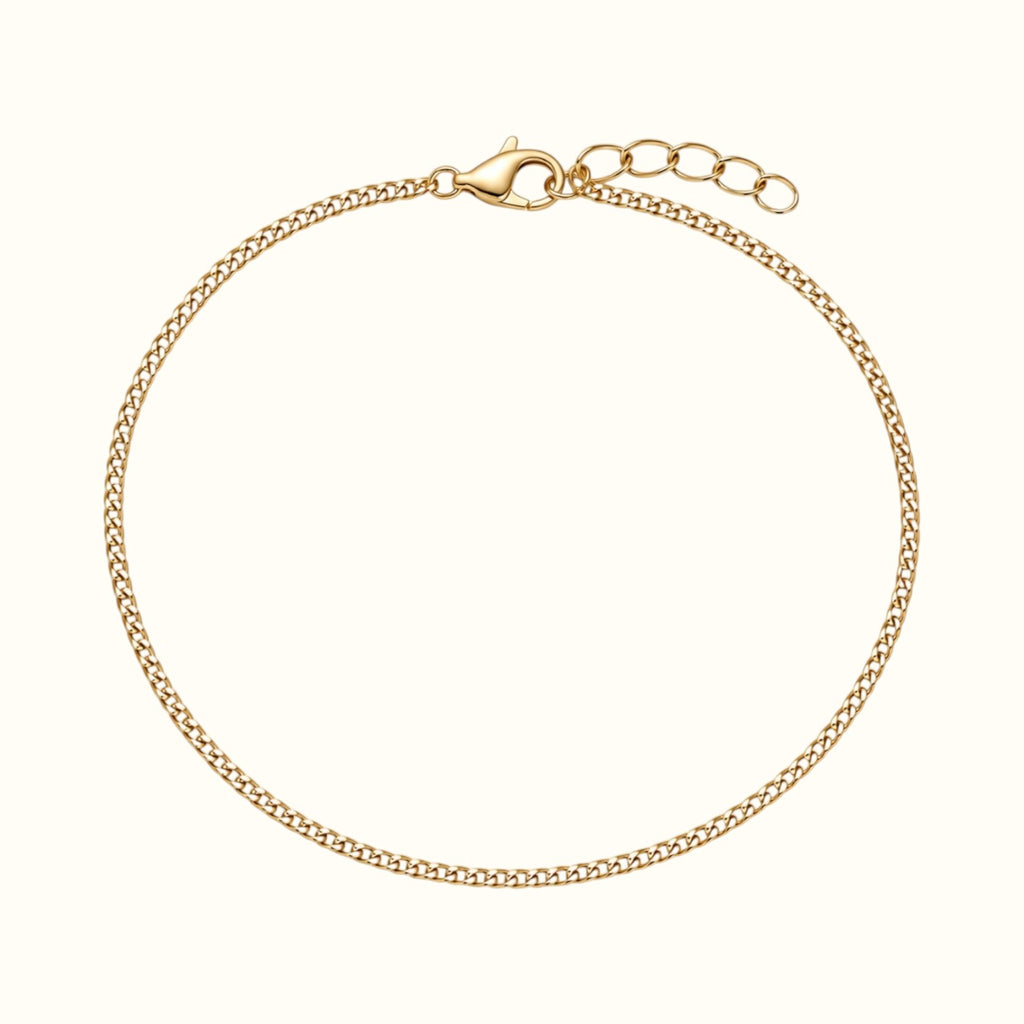 DUGO dainty gold curb chain bracelet made of waterproof stainless steel with a lobster clasp and extender chain.