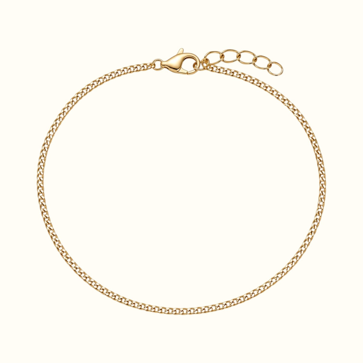 DUGO dainty gold curb chain bracelet made of waterproof stainless steel with a lobster clasp and extender chain.