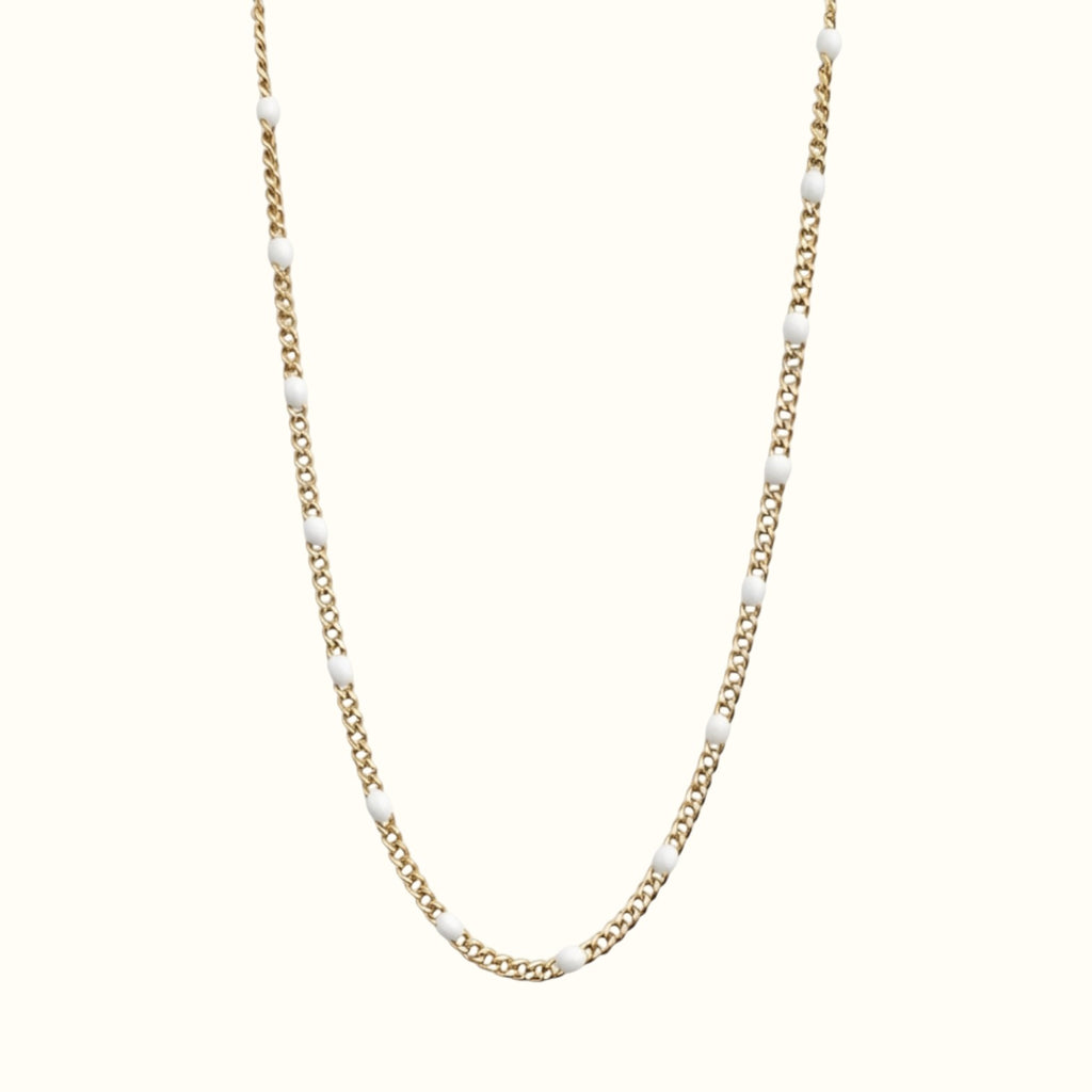DUGO Curb Colors chain necklace in 18K gold filled stainless steel with white enamel beads on an 18-inch chain.