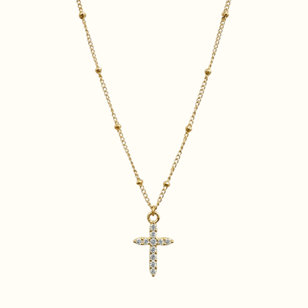 DUGO 18K gold filled dainty cross necklace with CZ stones on a minimalist ball chain, waterproof and non-tarnish.