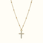 DUGO 18K gold filled dainty cross necklace with CZ stones on a minimalist ball chain, waterproof and non-tarnish.