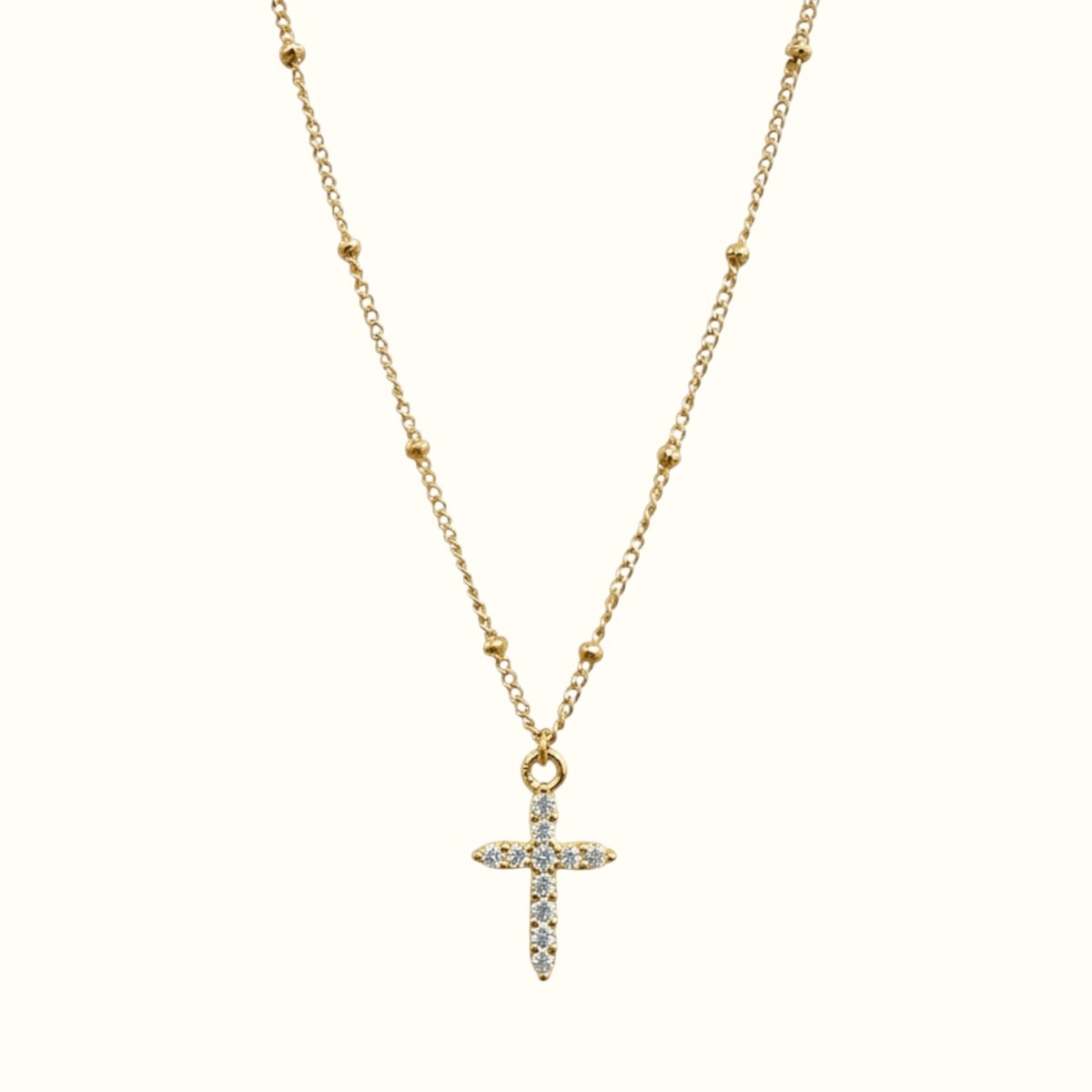 DUGO 18K gold filled dainty cross necklace with CZ stones on a minimalist ball chain, waterproof and non-tarnish.