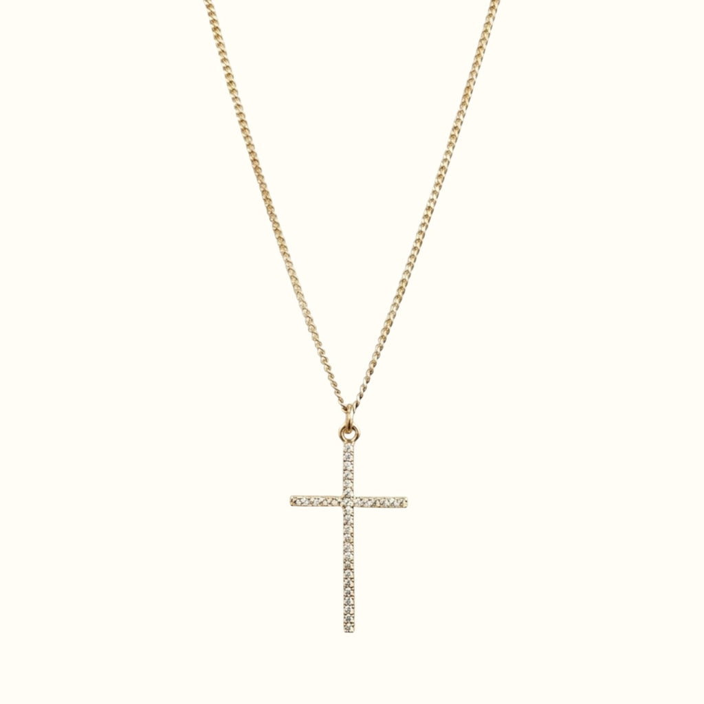 DUGO 18K gold filled cross necklace with sparkling cubic zirconia pave stones on a delicate chain