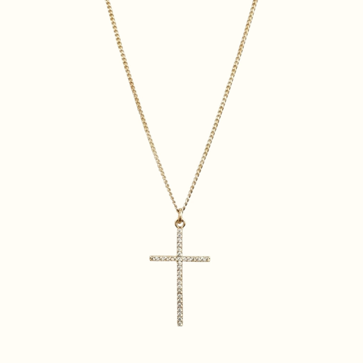 DUGO 18K gold filled cross necklace with sparkling cubic zirconia pave stones on a delicate chain
