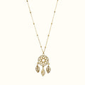 DUGO 18K gold filled dreamcatcher necklace with cubic zirconia accents and delicate leaf charms on a beaded chain