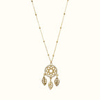DUGO 18K gold filled dreamcatcher necklace with cubic zirconia accents and delicate leaf charms on a beaded chain