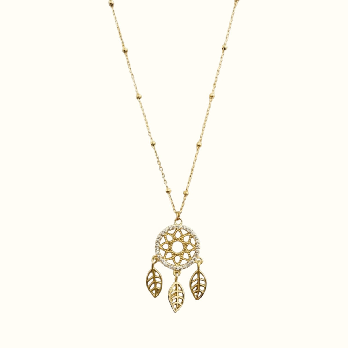 DUGO 18K gold filled dreamcatcher necklace with cubic zirconia accents and delicate leaf charms on a beaded chain