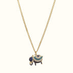 DUGO gold elephant pendant necklace featuring sparkling blue and white cubic zirconia stones on a delicate chain.